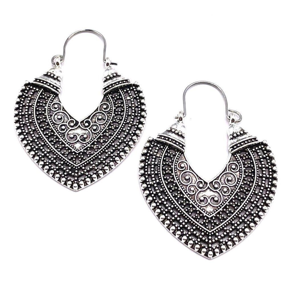 Silver Intricately Detailed Boho Dangling Hinged Hoop Earrings
